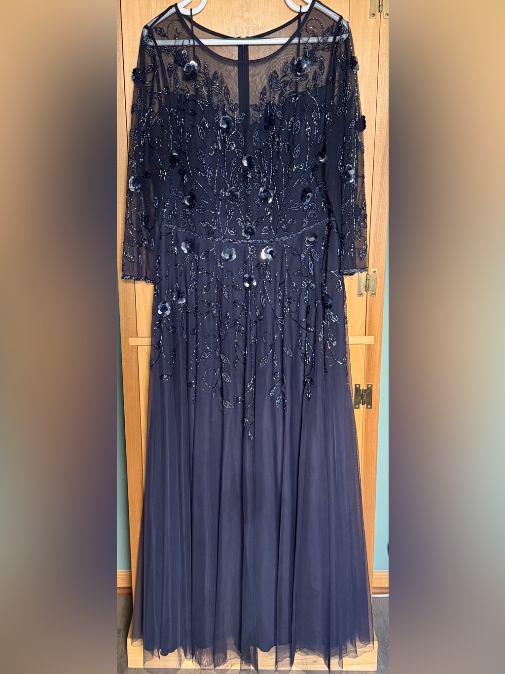 Oleg Cassini Illusion Long-Sleeve Beaded A-Line Dress